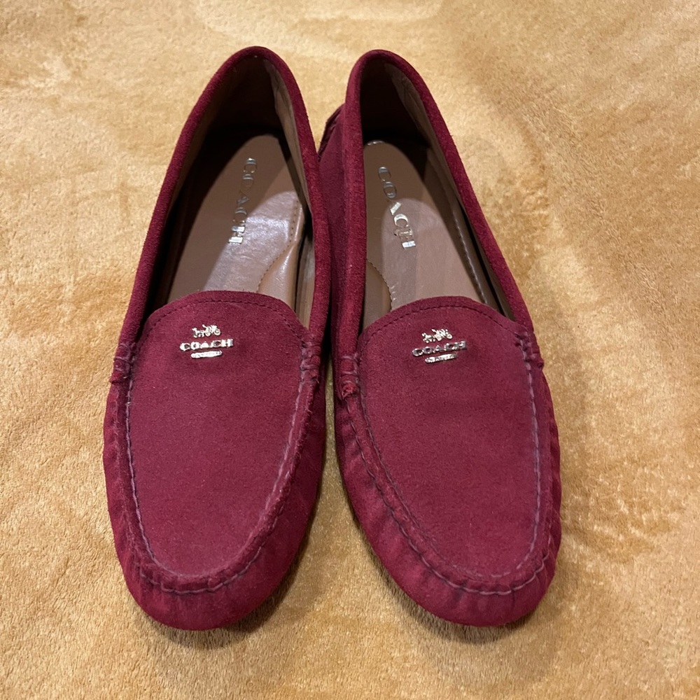 Red Suede Coach Loafers; Sz 8